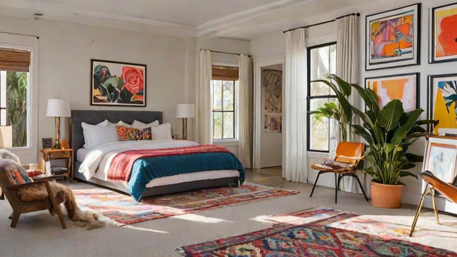 A bedroom with an eclectic design style featuring a bed, chair, and potted plant.