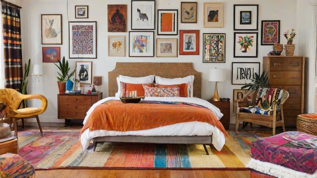 A bedroom with a large bed and eclectic artwork on the walls.