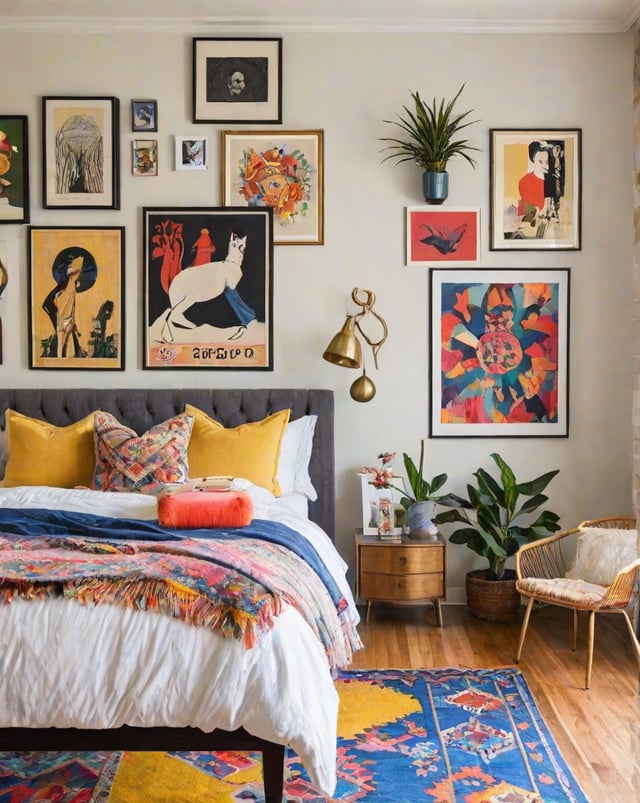 A bedroom with a bed, chair, and eclectic artwork on the walls. The bed is covered with colorful blankets and pillows, and there are potted plants in the room.