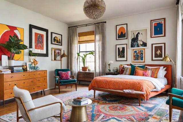 Eclectic bedroom with a large bed, chair, and couch, featuring various artworks and a large window.