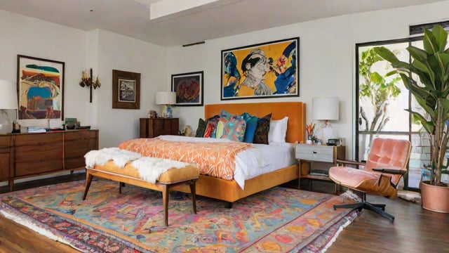 A bedroom with a large bed, colorful rug, and eclectic design.