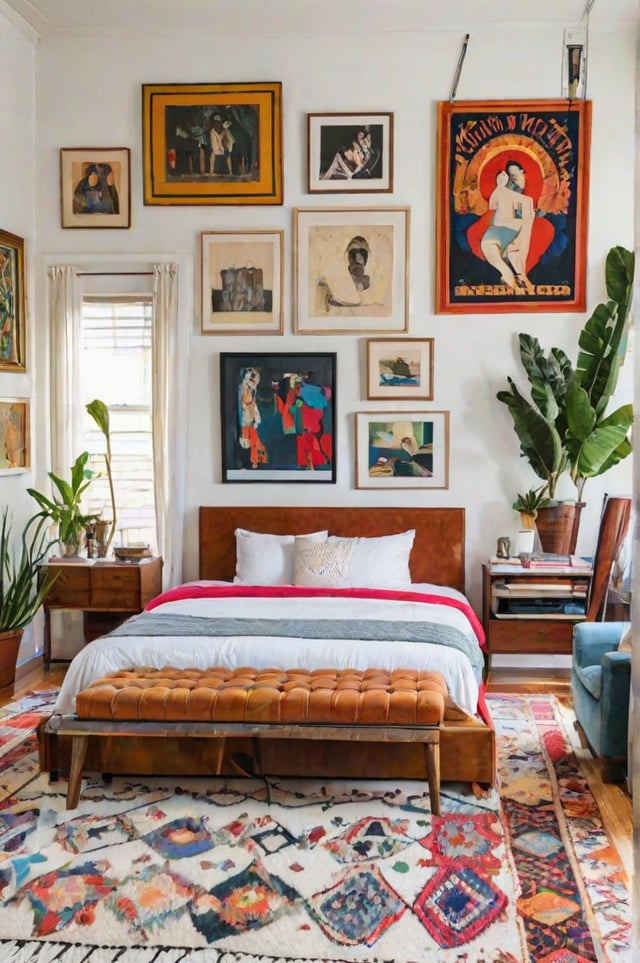 A bedroom with a large bed, bench, and eclectic artwork on the walls.