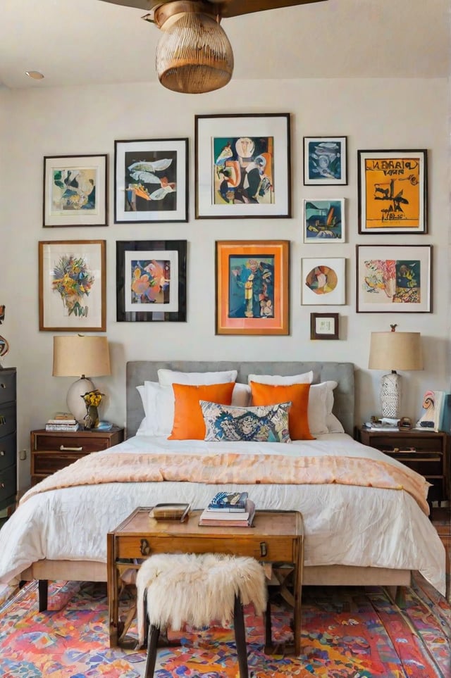 A cozy bedroom with a bed under a wall of eclectic artwork and a wooden headboard. The bed is covered in a white comforter and features orange accents. A nightstand and lamp are also present in the room.