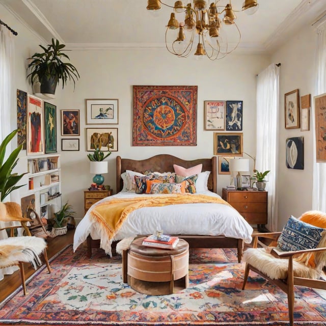 Eclectic bedroom with a large bed, chair, rug, and various artworks and potted plants.