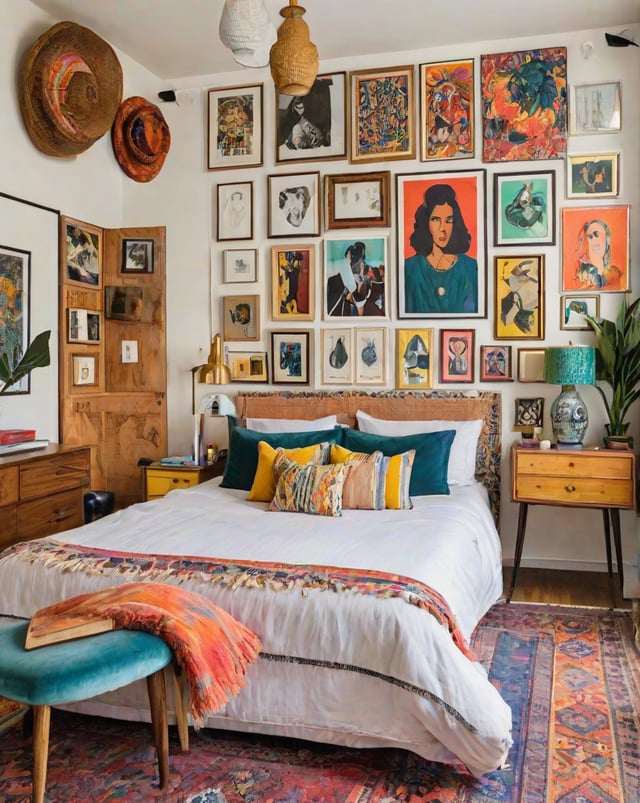 A bedroom with an eclectic design style, featuring a bed with colorful pillows, a chair, a potted plant, and a vase.