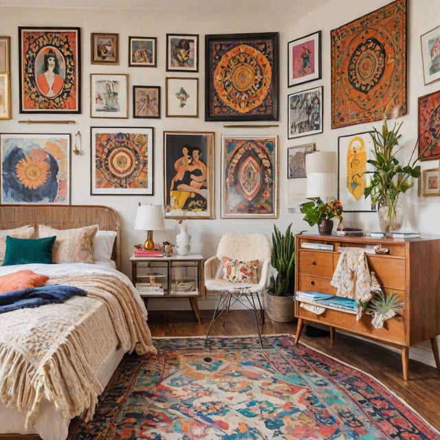 A cozy eclectic bedroom with a bed, chair, dresser, and various artwork and decorations.