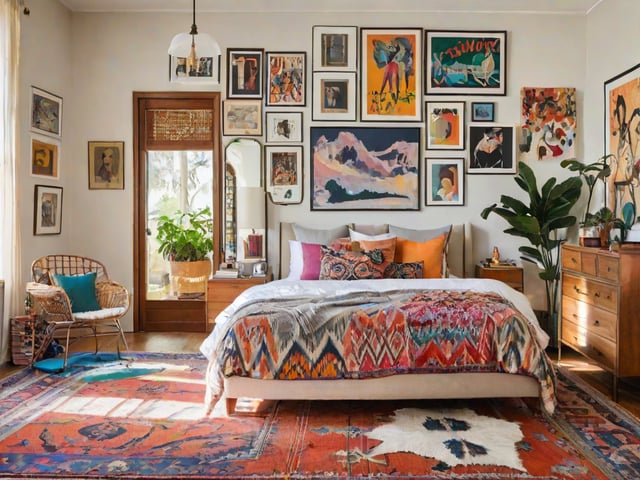 Colorful bedroom with eclectic design style