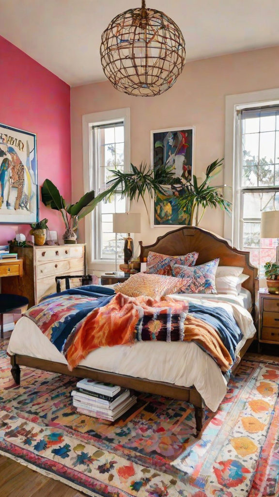 A bedroom with a large bed, colorful blanket, and several potted plants.