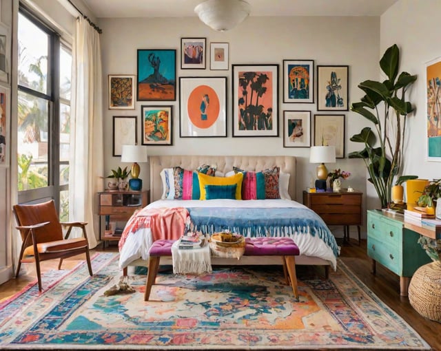 A bedroom with a large bed, a bench, a chair, and eclectic artwork on the wall.