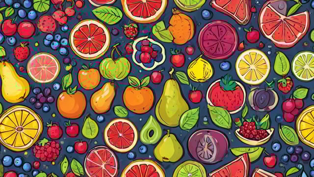 A fruit pattern with lemons, oranges, pears, apples, strawberries, blueberries, and peaches.