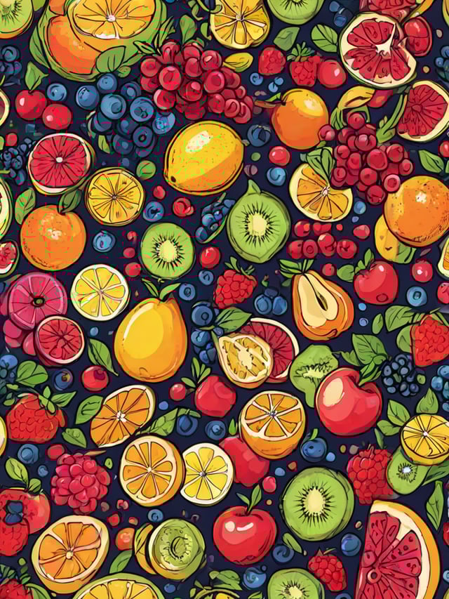 Fruit design with a variety of fruits such as apples, oranges, lemons, pears, blueberries, raspberries, and kiwi.