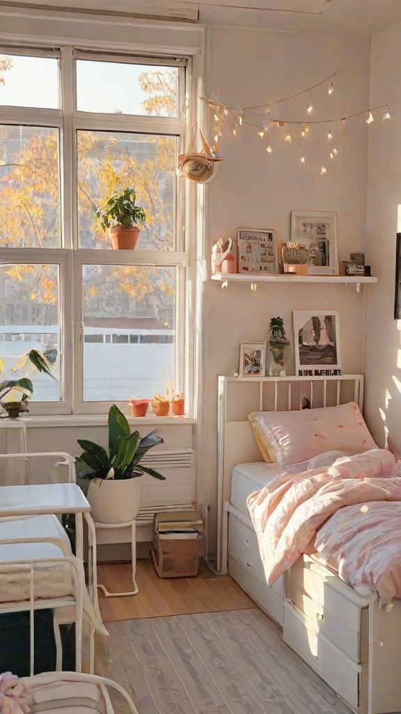 A cozy dorm room with a white bed, a window, and a shelf full of pictures and potted plants. The room is decorated with a colorful bedspread and a white chair.