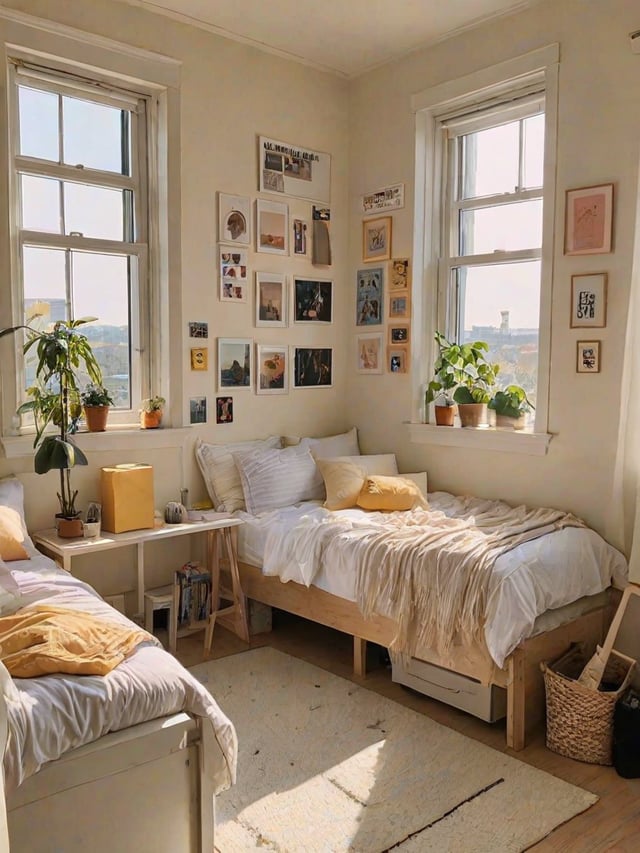 A cozy dorm room with a twin bed, window, and potted plants. The bed has a white comforter and a yellow pillow.