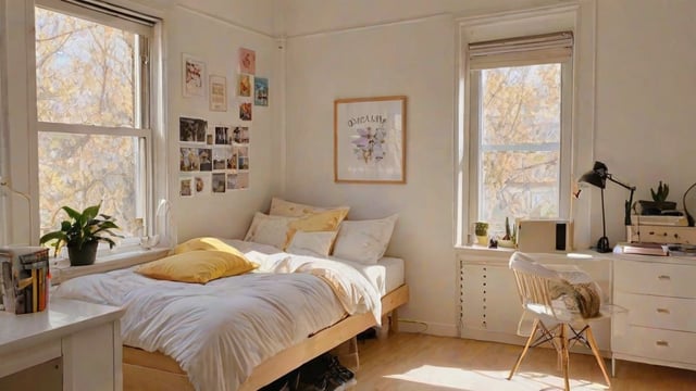 A bedroom with a white bed, a chair, and a window. The bed has a white comforter and yellow pillows. There is a picture hanging above the bed and a potted plant on the window sill.