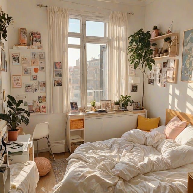 A cozy dorm room with a large bed, pink pillow, and various decorations. The room is decorated with potted plants and pictures on the wall.