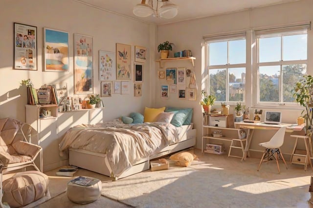 A cozy dorm room with a bed, a window, and various decorations. The bed is covered in a white comforter and has a yellow pillow. There are several potted plants and books scattered throughout the room, adding to the warm and inviting atmosphere. The room also features a large window that allows for natural light to fill the space.