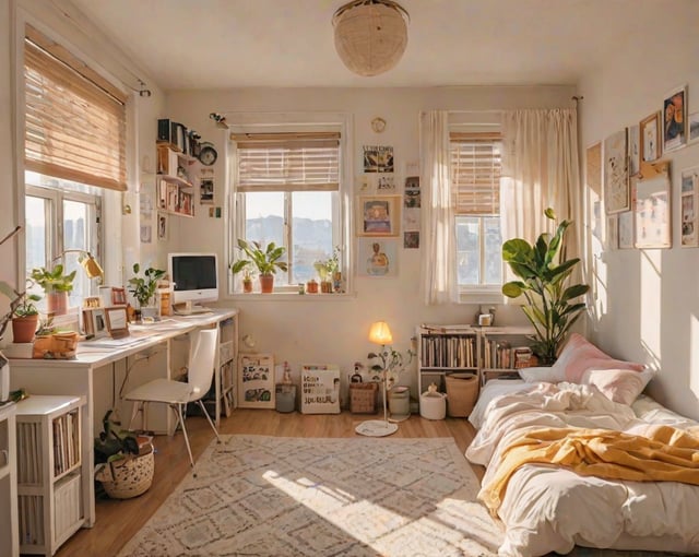 A dorm room with a bed, desk, and a large window. The room is decorated with various plants and pictures on the wall. The bed is covered with a yellow blanket and there is a rug on the floor.