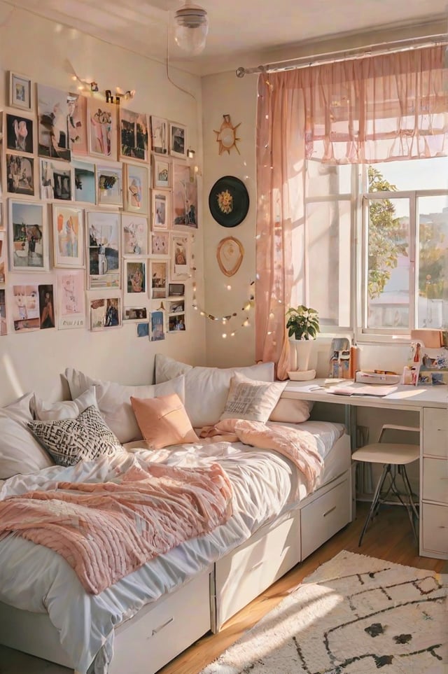 A bedroom with a bed, desk, and pictures on the wall. The bed has a pink blanket and a white pillow. There is a laptop on the desk and a potted plant nearby.