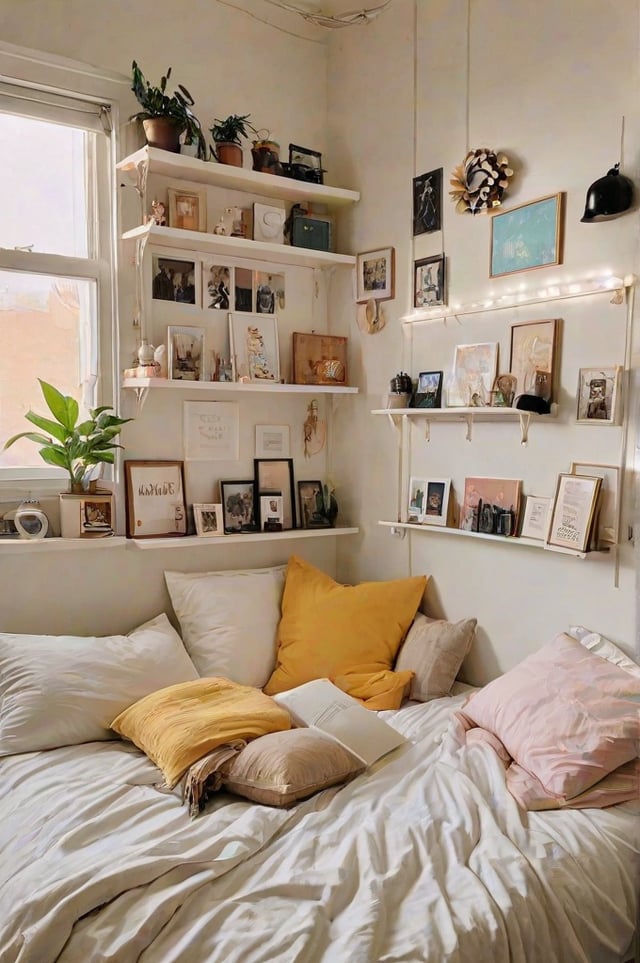 A bed in a dorm room with pillows and a book on it. The room is full of pictures on the walls.