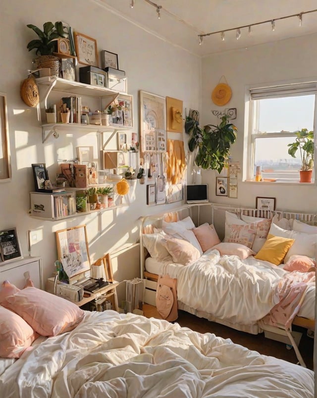 A dorm room with two beds, a shelf, and a window. The room is decorated with pink and white bedding and features a variety of plants and books.