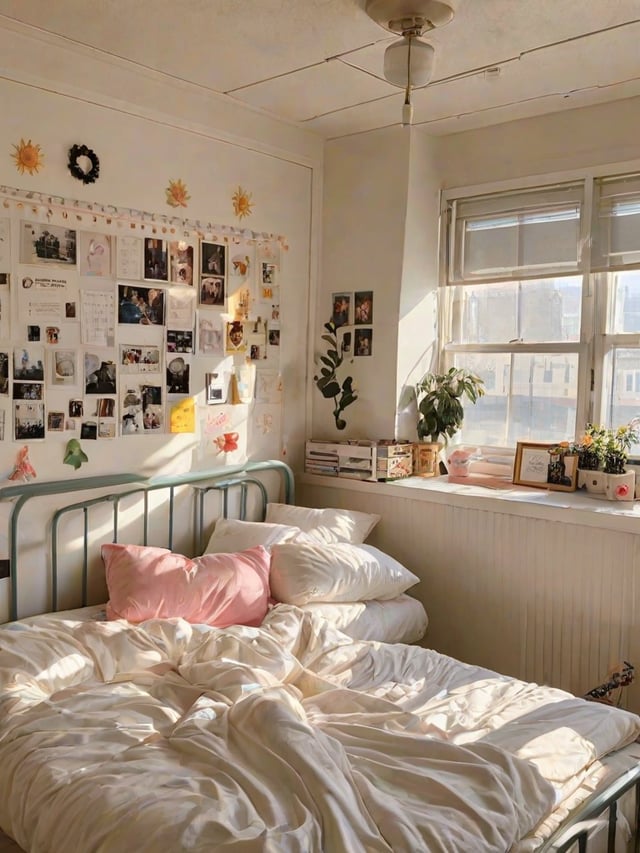 A bedroom with a bed, window, and pictures on the wall. The bed has a white comforter and a pink pillow.