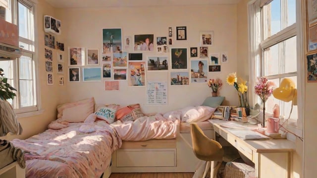 A cozy dorm room with a bed, a chair, and a desk. The walls are adorned with many pictures, creating a personalized and inviting atmosphere. The bed is covered in a pink comforter, and there is a yellow pillow on it. A vase of flowers sits on the desk, adding a touch of color and freshness to the room.