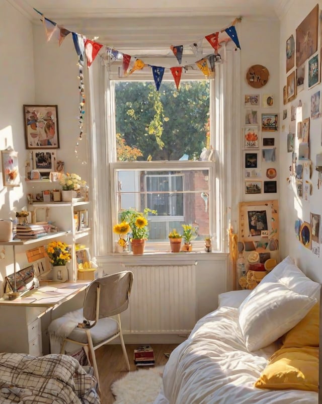 A dorm room with a bed, chair, and window. The room is filled with various decorations and has a view of the outside.