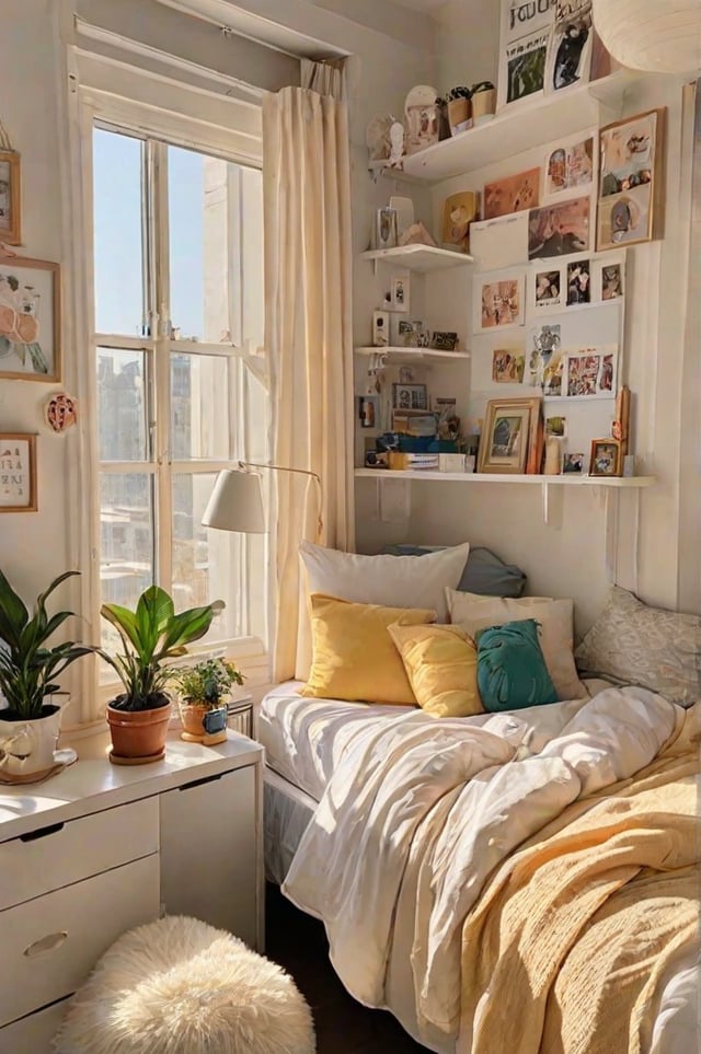 A cozy dorm room with a bed, window, and potted plants.