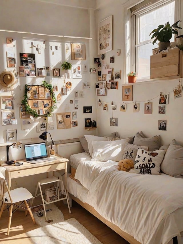 A dorm room with a bed, desk, and laptop, featuring a wreath and many pictures on the walls.