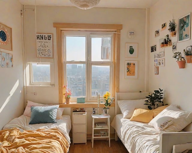 A dorm room with two beds, a table, and a window. The room is decorated with potted plants and pictures on the wall.