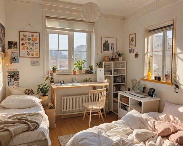 A bedroom with a bed, desk, and bookshelf. The room is filled with potted plants and has a large window.