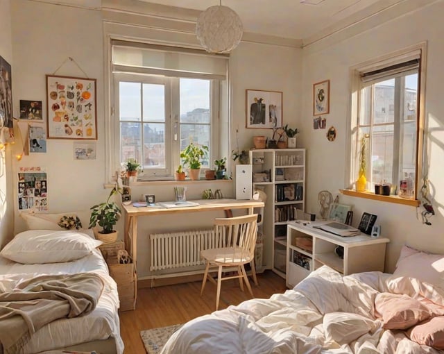 A bedroom with a bed, desk, and bookshelf. The room is filled with potted plants and has a large window.