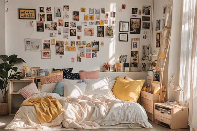 A bedroom with a bed, pictures on the wall, and a nightstand with a vase and potted plant.