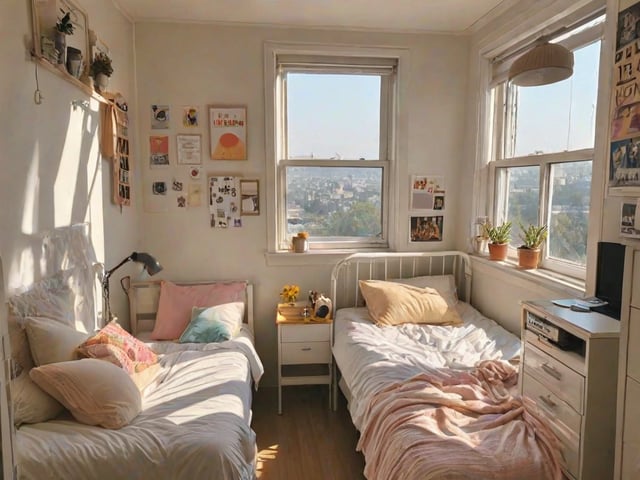 A cozy dorm room with two twin beds and a window overlooking the city. The room is decorated with various items such as potted plants, vases, and a clock.