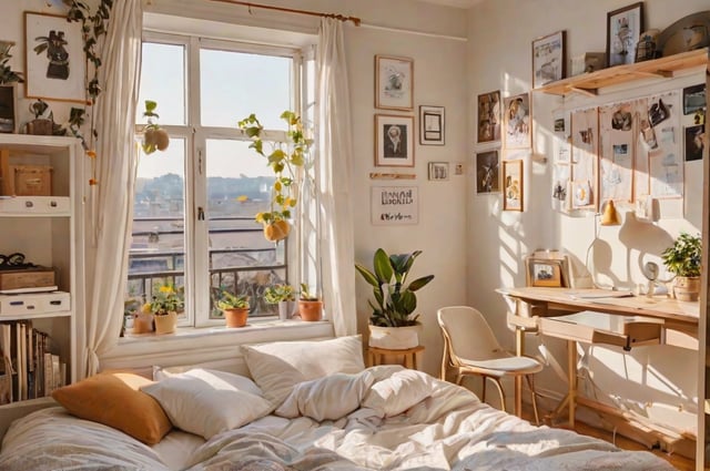 A dorm room with a bed, desk, and many potted plants. The room is brightly lit by a large window and features a white bed with a white pillow. There is a chair and a desk with a laptop on it. The room is decorated with various pictures and plants, creating a warm and inviting atmosphere.