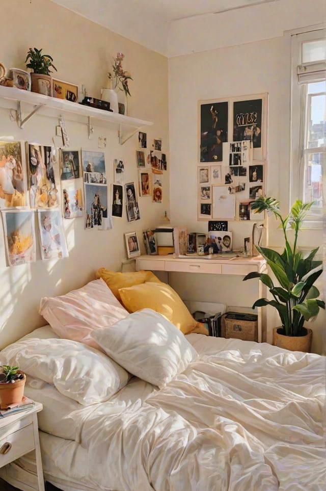 A dorm room with a bed, a desk, and a potted plant. The bed has a white comforter and pillows, and the walls are decorated with pictures and posters. The desk has a laptop and a few books on it. The potted plant is located near the bed, adding a touch of greenery to the room.