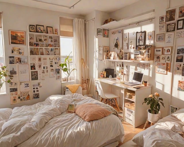 A dorm room with a bed, desk, and various decorations. The room is filled with pictures and memorabilia, creating a personalized space for the student.