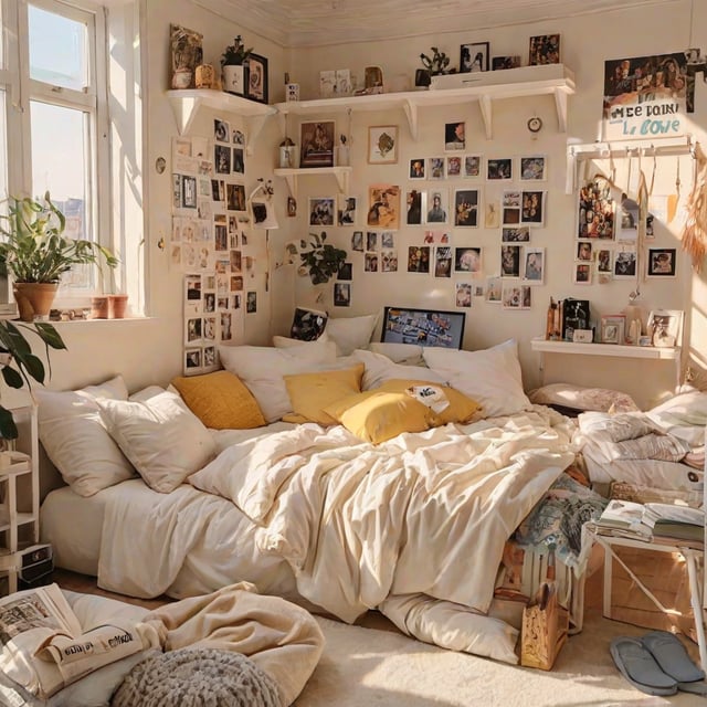 A cozy dorm room with a large bed, a couch, and a window. The room is decorated with numerous pictures and plants, creating a warm and inviting atmosphere.