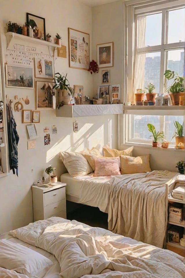 A dorm room with a twin bed and a window. The bed is covered with a white blanket and has a white headboard. There are several potted plants and pictures on the walls, giving the room a cozy and personalized feel.