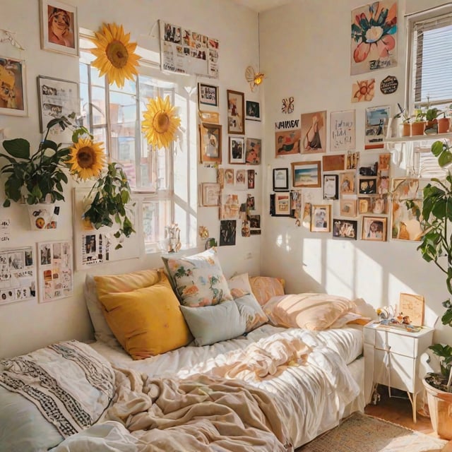 A bedroom with a bed, pillows, and a window. The walls are decorated with pictures and sunflowers, creating a warm and inviting atmosphere.