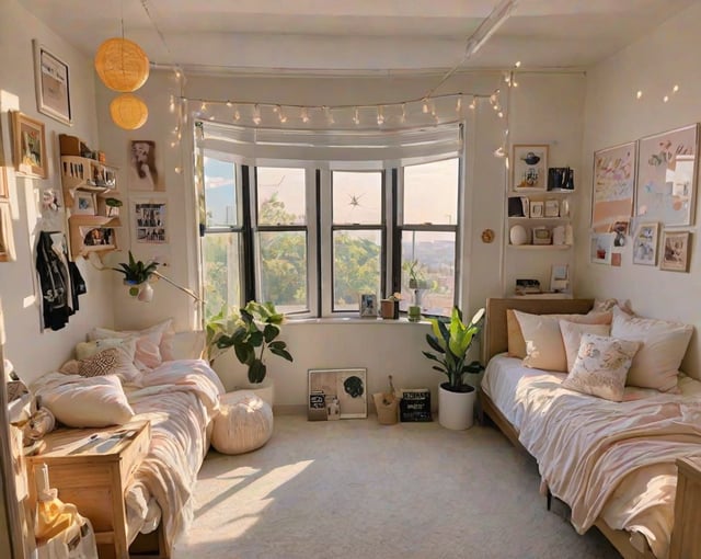 A cozy dorm room with two beds, a window, and a few decorations. The room is decorated with a string of lights and has a few potted plants. The beds are covered with white sheets and pillows, and there is a chair in the room as well.