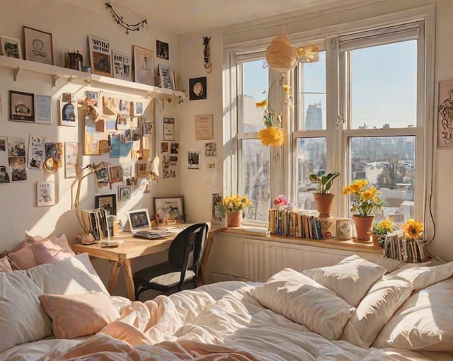 A cozy dorm room with a bed, desk, and chair. The room is decorated with various items such as potted plants, vases, and books. The bed is positioned under a window, allowing for natural light to fill the space. The room also features a collection of photos and other decorations on the walls, adding a personal touch to the space.