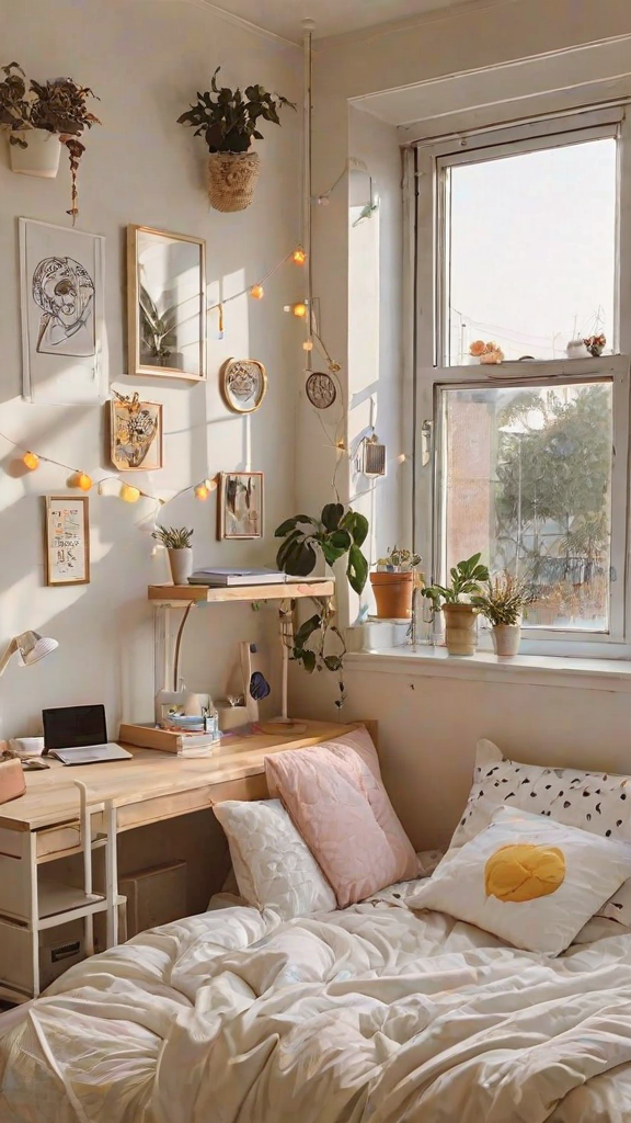 A dorm room with a bed, desk, and shelves filled with potted plants and pictures. The room is decorated with lights and has a window with a view of trees outside.