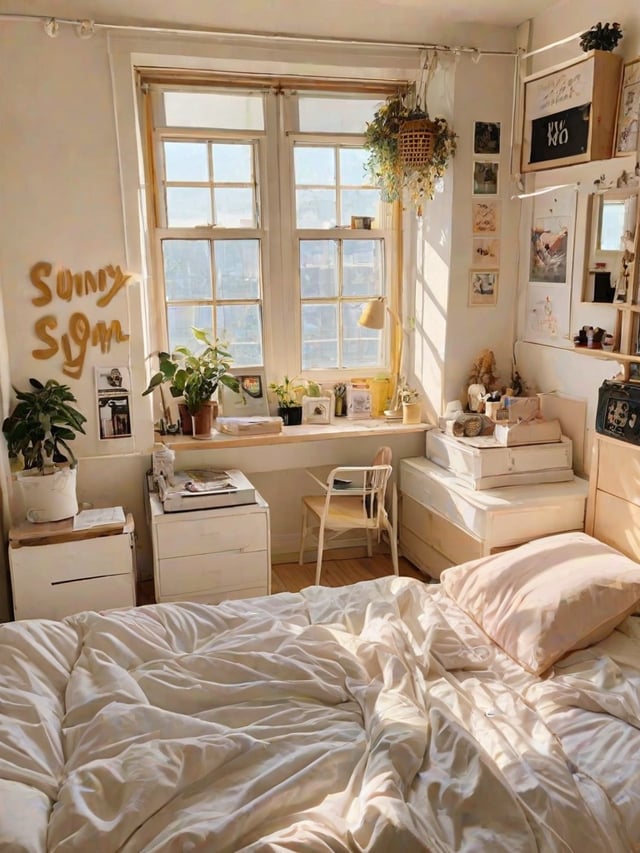 A cozy dorm room with a bed, desk, and chair. The room is filled with various items such as potted plants, books, and a vase.