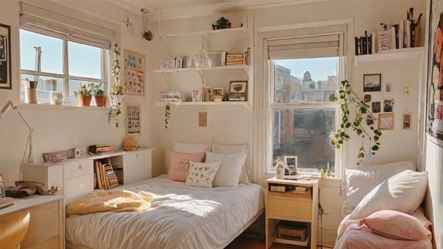 A white bed in a dorm room with bookshelves and a window. The bed is neatly made with a white comforter and pillows.