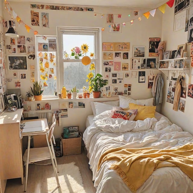 A dorm room with a bed, desk, and various decorations. The room is filled with pictures, and the bed is covered in a yellow blanket.