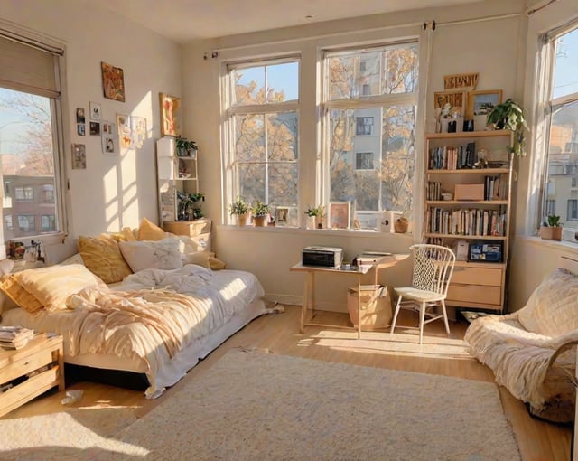 A cozy dorm room with a bed, desk, and chair. The room is bright and sunny, with a large window that allows natural light to fill the space. The bed is covered in a white comforter, and there are several potted plants and books scattered throughout the room. The desk is equipped with a laptop, and a chair is placed nearby for comfortable seating.