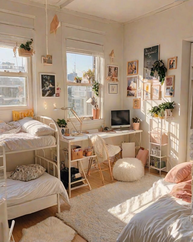 A dorm room with a bed, desk, and shelves. The room is decorated with pink and white accents and features a window with a view of the city.