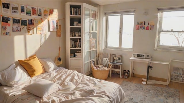 A cozy dorm room with a bed, bookshelf, and window. The room has a white color scheme and features a guitar on the wall.