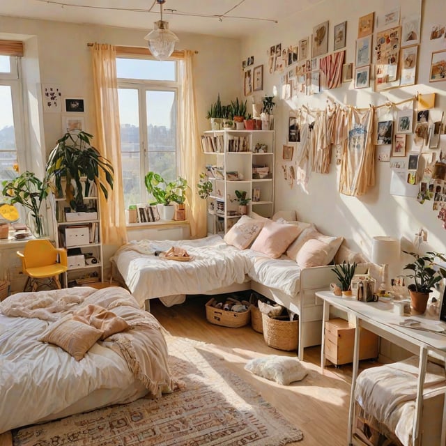 A cozy dorm room with two beds, a desk, and a window. The room is decorated with potted plants and pictures, creating a warm and inviting atmosphere.